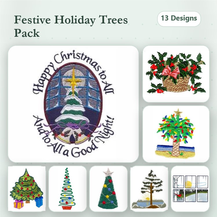 Festive Holiday Trees Embroidery Designs Bundle – Christmas Tree with Star, Decorated Christmas Tree, Poinsettia Plant & More (13 Designs)