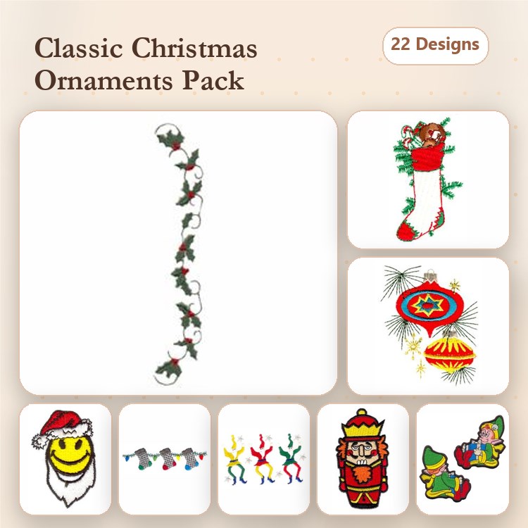 Classic Christmas Ornaments Embroidery Designs Bundle – Holly Garland, Christmas Stocking, Santa Face & More (22 Designs)