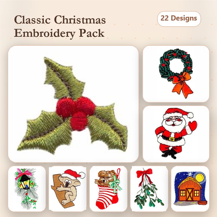 Classic Christmas Embroidery Bundle – Holly, Santa Claus, Christmas Wreath & More (22 Designs)