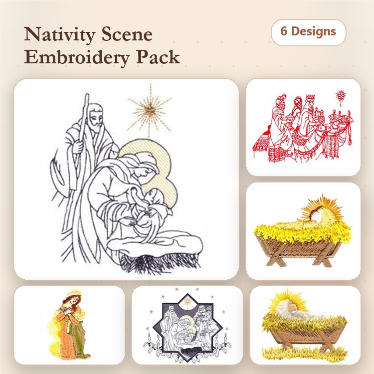 Redwork Nativity Embroidery Designs Bundle – Mary and Joseph, Three Wise Men, Angel Announcing Birth & More (6 Designs)