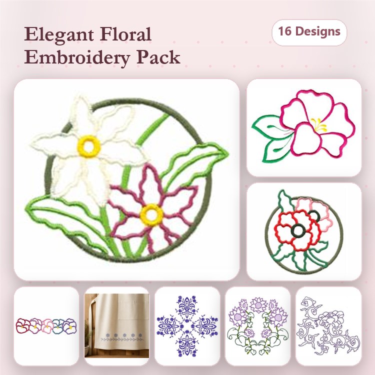 Redwork Floral Embroidery Bundle – Orchid, Pink Flower, Floral Border & More (16 Designs)