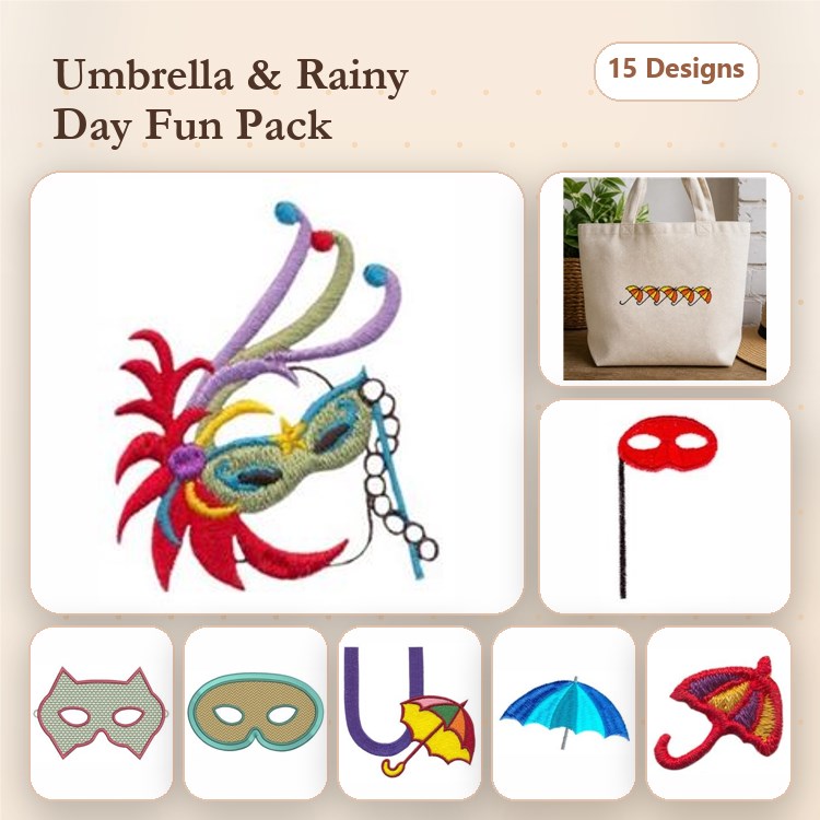 Rainy Day Celebration Embroidery Designs Bundle – Colorful Rain Mask, Rain Umbrella, Party Masks & More (15 Designs)