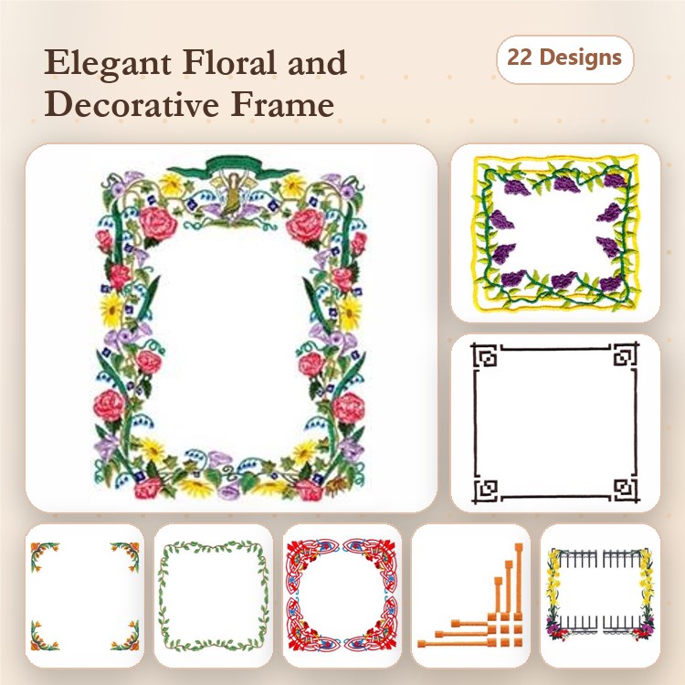 Floral & Decorative Frames Embroidery Bundle – Floral Frame with Roses, Ornate Frame with Vines, Square Decorative Frame & More (22 Designs)