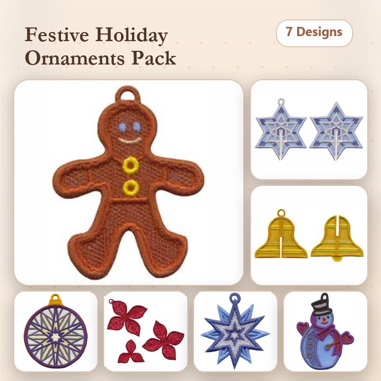 FSL Festive Holiday Ornaments Embroidery Bundle – Gingerbread Man, Snowman, Snowflake & More (7 Designs)