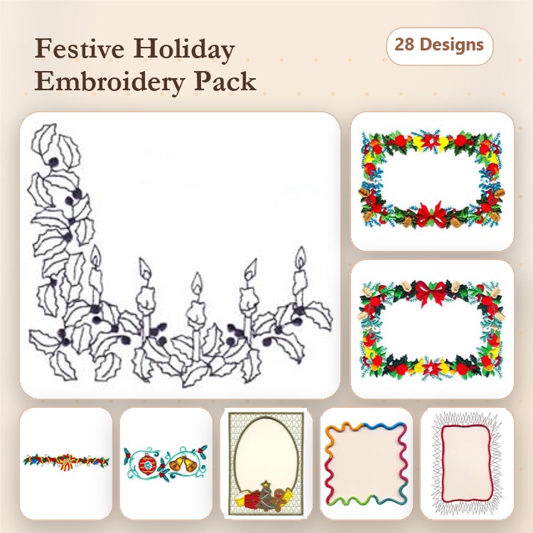 Redwork Festive Holiday Embroidery Designs Bundle – Candle Wreath, Holly Border, Floral Frame & More (28 Designs)