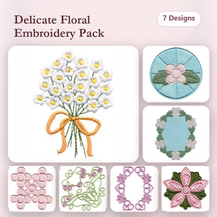 Floral Embroidery Designs Bundle – Daisy Bouquet, Floral Blossom, Flower Circle & More (7 Designs)