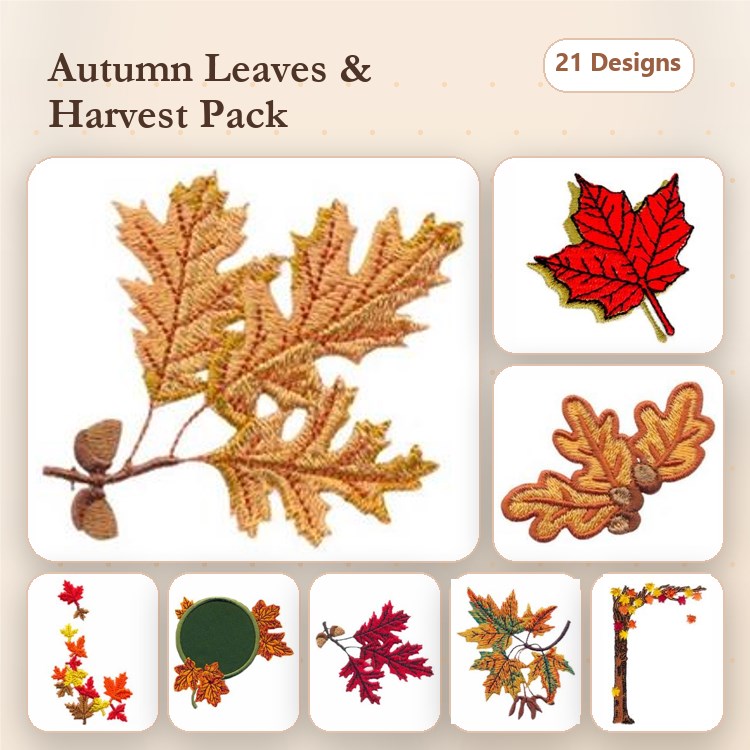 Autumn Leaves Embroidery Designs Bundle – Oak Leaf, Red Maple Leaf, Harvest Decor Leaf & More (21 Designs)
