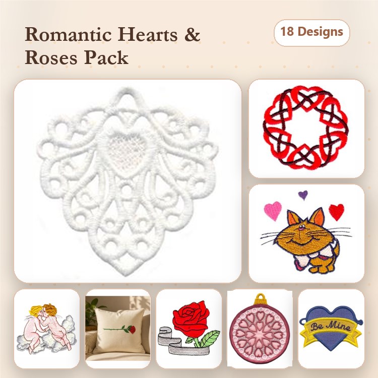 FSL Hearts and Roses Embroidery Designs Bundle – Heart Lace Ornament, Cat with Hearts, Cupid & More (18 Designs)