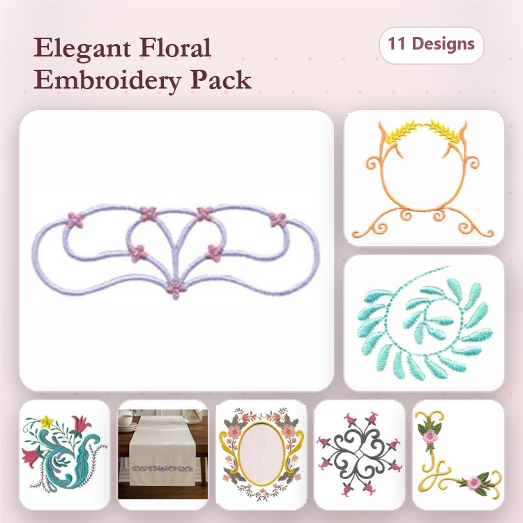 Elegant Floral Embroidery Designs Bundle – Floral Vine, Ornate Frames, Leafy Swirls & More (11 Designs)