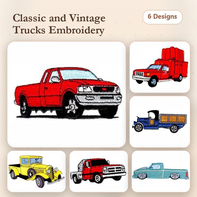 Classic and Vintage Trucks Embroidery Designs Bundle – Red Pickup, Vintage Delivery Truck, Classic Blue & More (6 Designs)
