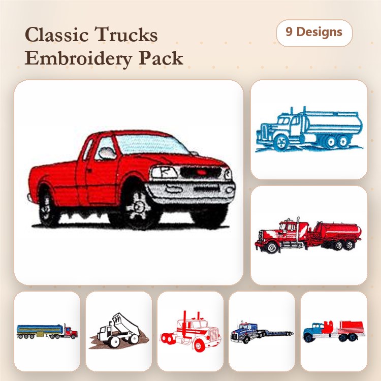 Classic Trucks Embroidery Designs Bundle – Red Pickup, Blue Tanker, Red Fire Truck & More (9 Designs)