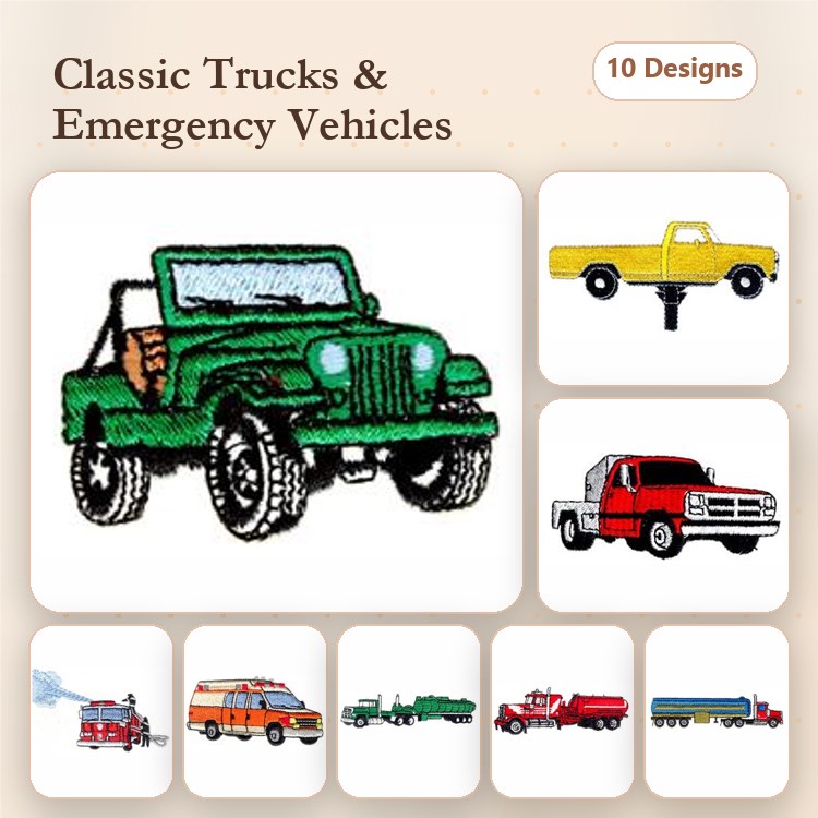 Classic Trucks & Emergency Vehicles Embroidery Designs Bundle – Green Jeep, Fire Truck, Police Car & More (10 Designs)