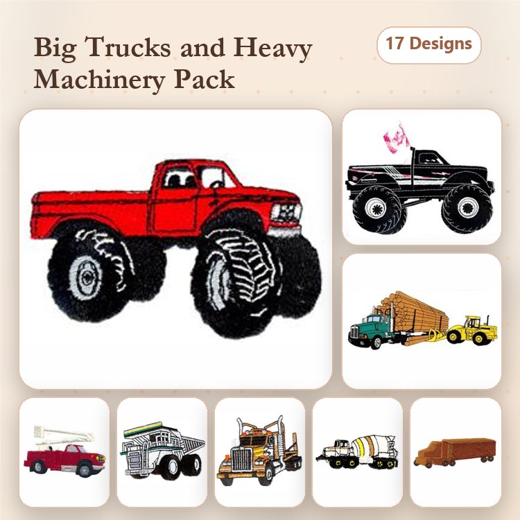 Big Trucks and Heavy Machinery Embroidery Designs Bundle – Red Pickup Truck, Black Monster Truck, Logging Truck & More (17 Designs)
