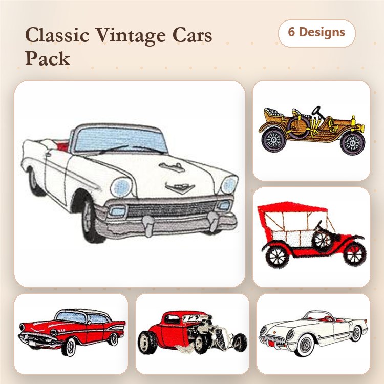 Classic Vintage Cars Embroidery Designs Bundle – Convertible Car, Antique Car, Hot Rod & More (6 Designs)