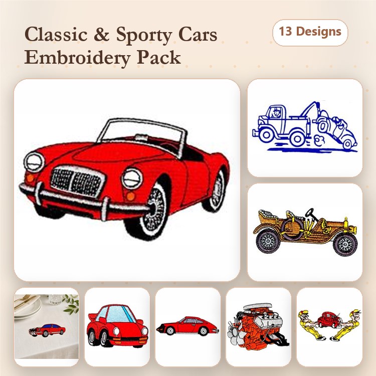 Classic and Sporty Cars Embroidery Designs Bundle – Red Convertible, Blue Tow Truck, Yellow Race Car & More (13 Designs)