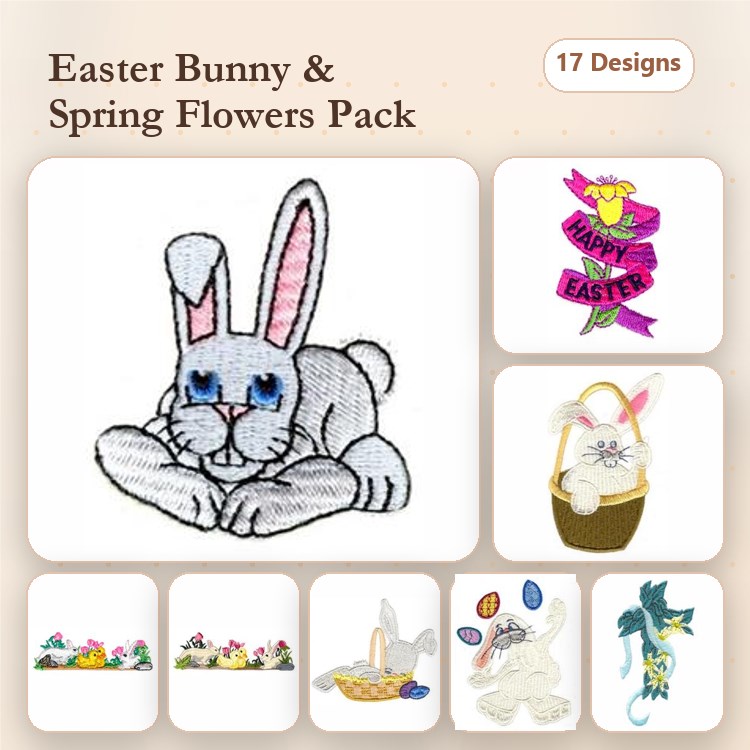 Easter Bunny & Spring Flowers Embroidery Designs Bundle – Happy Easter Banner, Easter Basket, Bunny with Carrot & More (17 Designs)