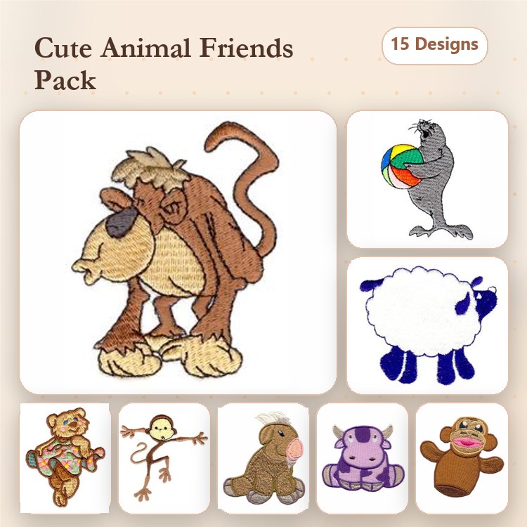 Cute Animal Characters Embroidery Designs Bundle – Monkey, Seal, Sheep, Teddy Bear & More (15 Designs)