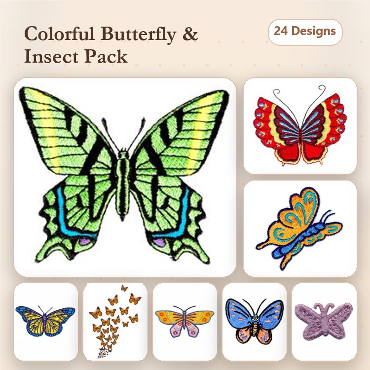 Colorful Butterflies & Insects Embroidery Designs Bundle – Green, Red, Blue, & More (24 Designs)