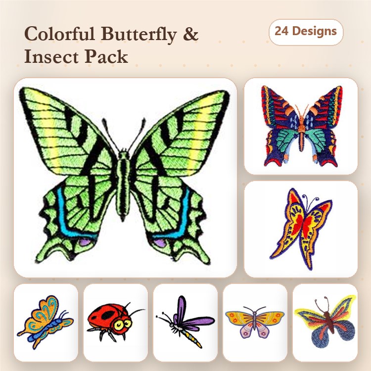 Butterflies and Insects Embroidery Designs Bundle – Green Butterfly, Colorful Butterfly, Ladybug & More (24 Designs)