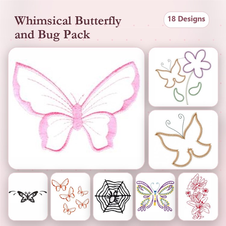 Butterflies and Bugs Embroidery Designs Bundle – Whimsical Butterfly, Flower with Butterfly, Spider Web & More (18 Designs)