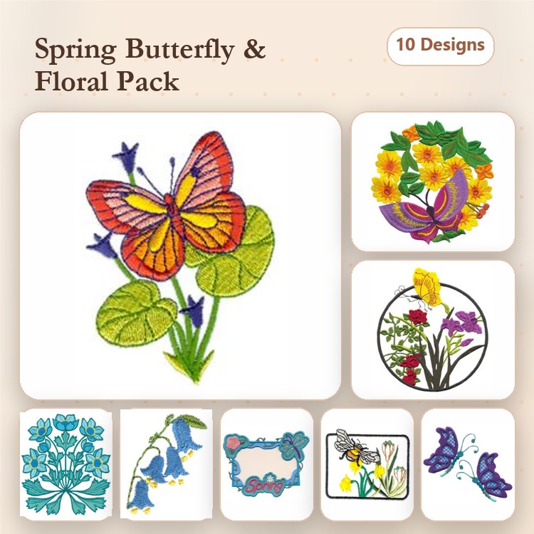 Butterflies & Flowers Embroidery Designs Bundle – Spring Butterfly, Floral Arrangement, Violet Cluster & More (10 Designs)
