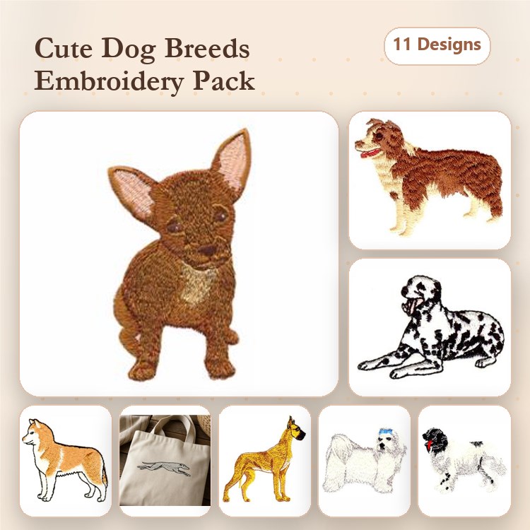 Dalmatian, Shiba Inu, Greyhound, Boxer Embroidery Bundle – Dog Breeds (6 Designs)