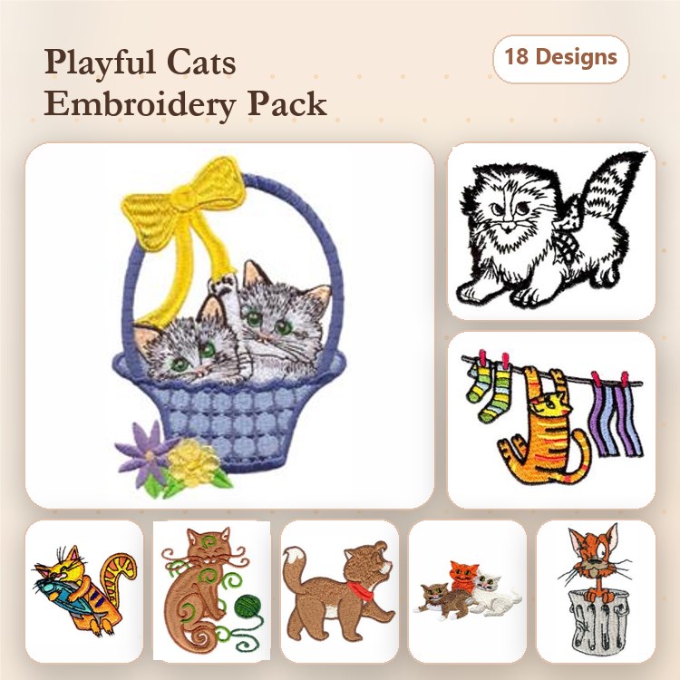 Cats Embroidery Bundle – Cats in a Basket, Fluffy Cat, Striped Cat & More (18 Designs)