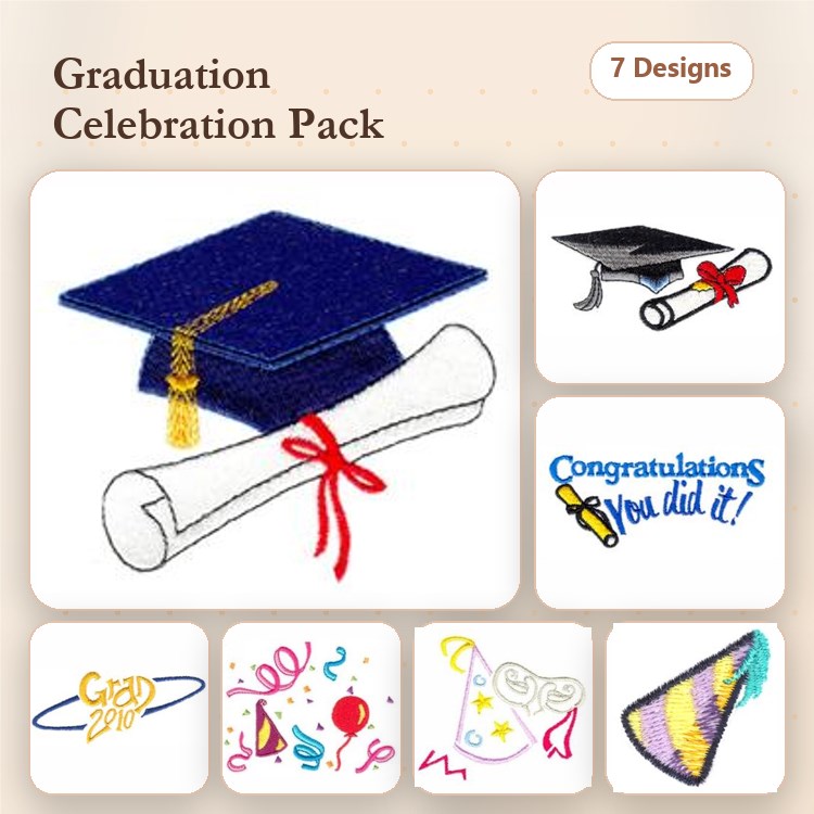 Graduation Celebration Embroidery Designs Bundle – Graduation Cap, Diploma with Ribbon, Congratulations Message & More (7 Designs)