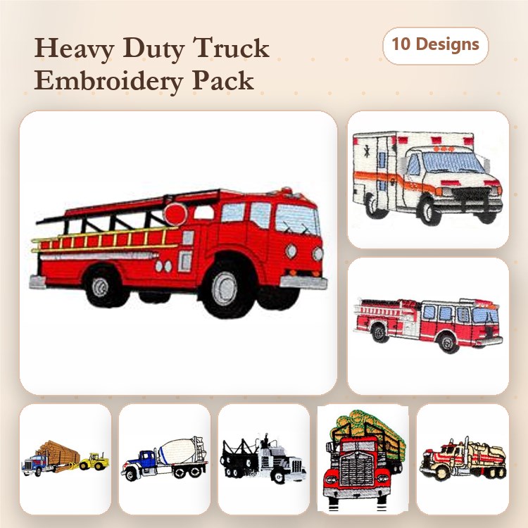 Heavy Duty Trucks Embroidery Bundle – Fire Truck, Ambulance, Dump Truck & More (10 Designs)