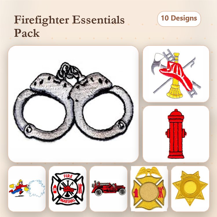 Firefighter Themed Embroidery Designs Bundle – Fire Truck, Fire Axe, Firefighter Helmet & More (10 Designs)