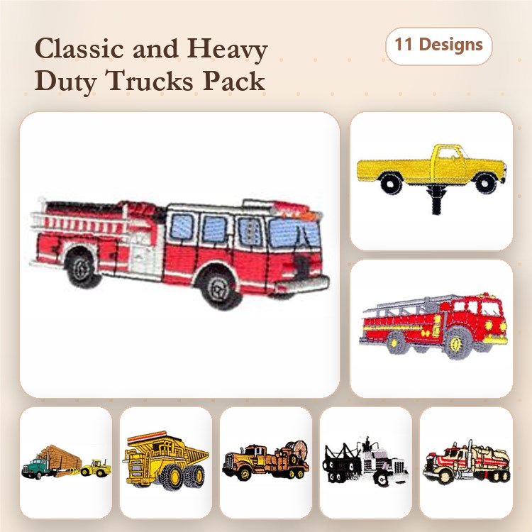 Classic Trucks Embroidery Designs Bundle – Fire Truck, Pickup Truck, Cement Mixer & More (11 Designs)
