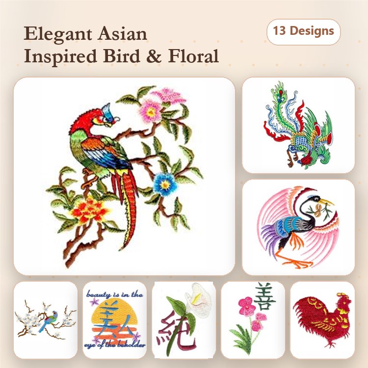 Asian-Inspired Birds and Florals Embroidery Designs Bundle – Parrot on Branch, Peacock with Flowers, & More (13 Designs)
