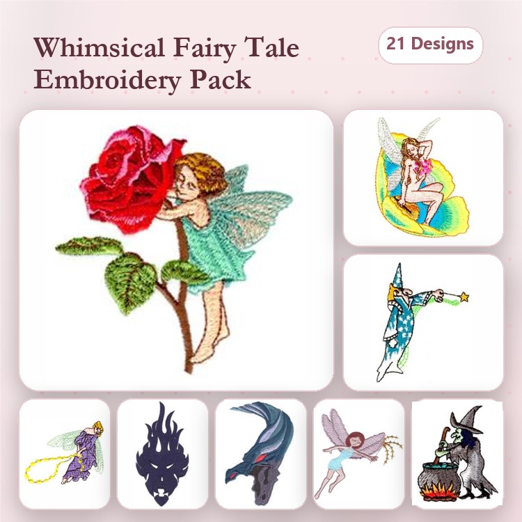 Fairy Tale Embroidery Designs Bundle – Flower Fairy, Fairy with Star Wand, Witch with Cauldron & More (21 Designs)