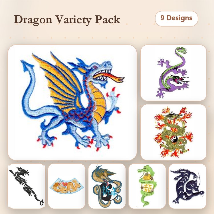 Dragon Variety Embroidery Bundle – Blue Dragon, Green Dragon, Eastern Dragon & More (9 Designs)