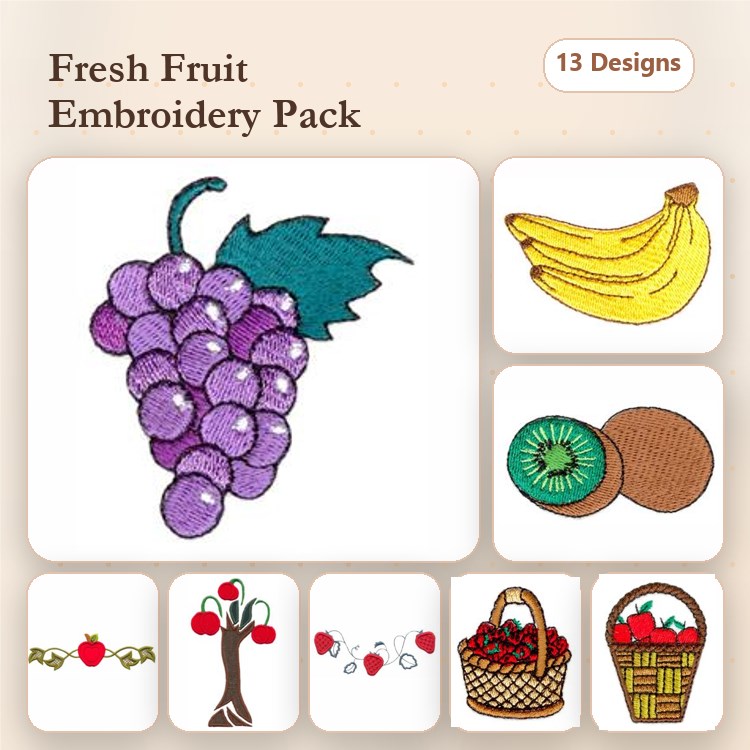 Fresh Fruits Embroidery Bundle – Grapes, Banana, Kiwi, Apple Basket & More (13 Designs)