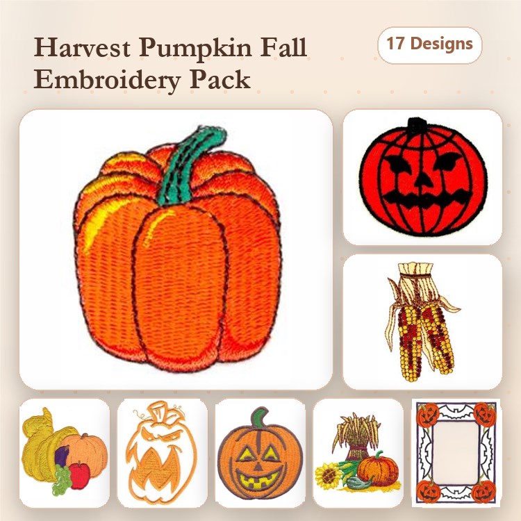 Harvest & Autumn Embroidery Designs Bundle – Orange Pumpkin, Jack-o'-Lantern, Corn Stalk & More (17 Designs)