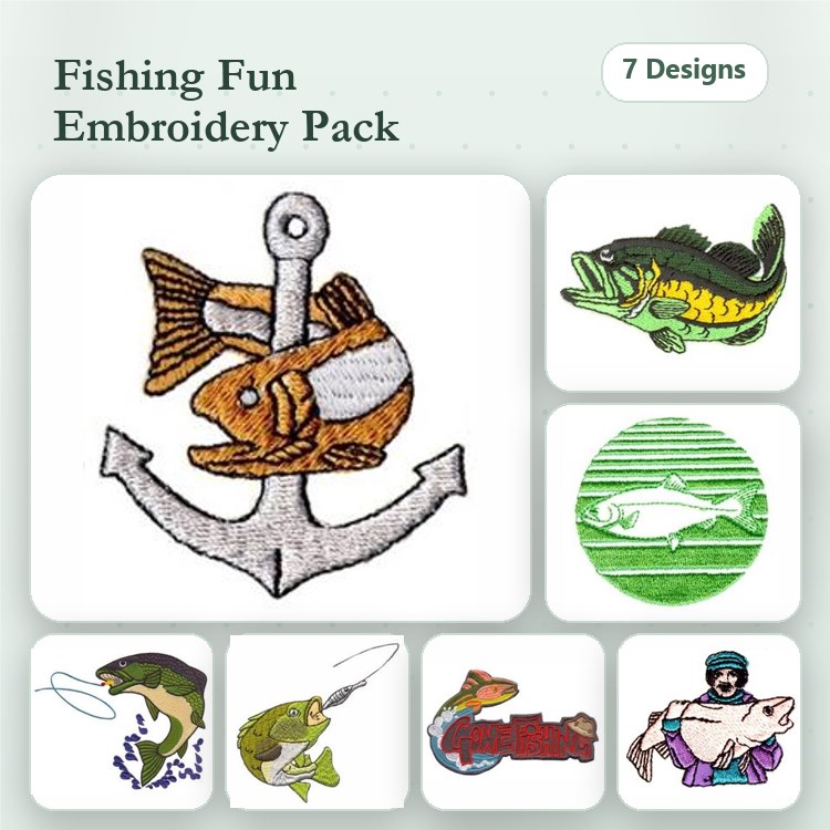 Fishing Embroidery Designs Bundle – Largemouth Bass, Carp, Trout Fish & More (7 Designs)