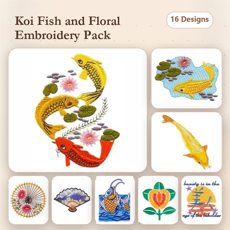 Koi Fish & Lotus Floral Embroidery Designs Bundle – Vibrant Koi, Floral Heart, Koi Pond & More (16 Designs)