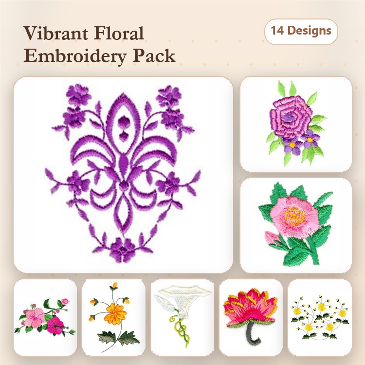 Floral Embroidery Bundle – Purple Floral Motif, Rose, Peony, Sunflower & More (14 Designs)