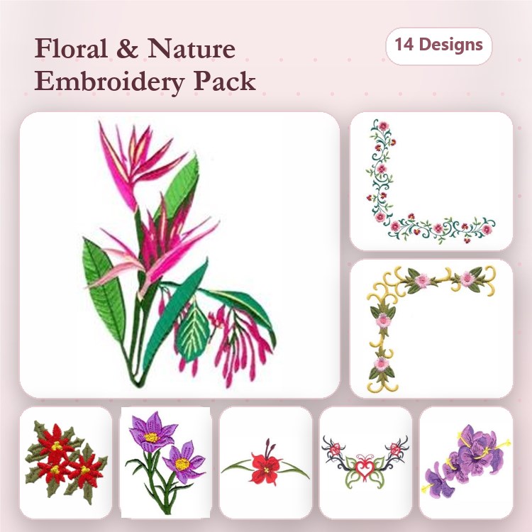 Floral and Nature Embroidery Bundle – Tropical Flower, Red Flowers, Purple Flowers & More (14 Designs)