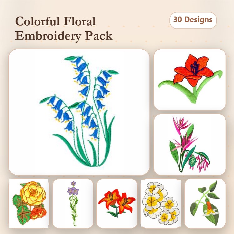 Floral Embroidery Designs Bundle – Bluebells, Red Flower, Yellow Rose, Orange Lily & More (30 Designs)