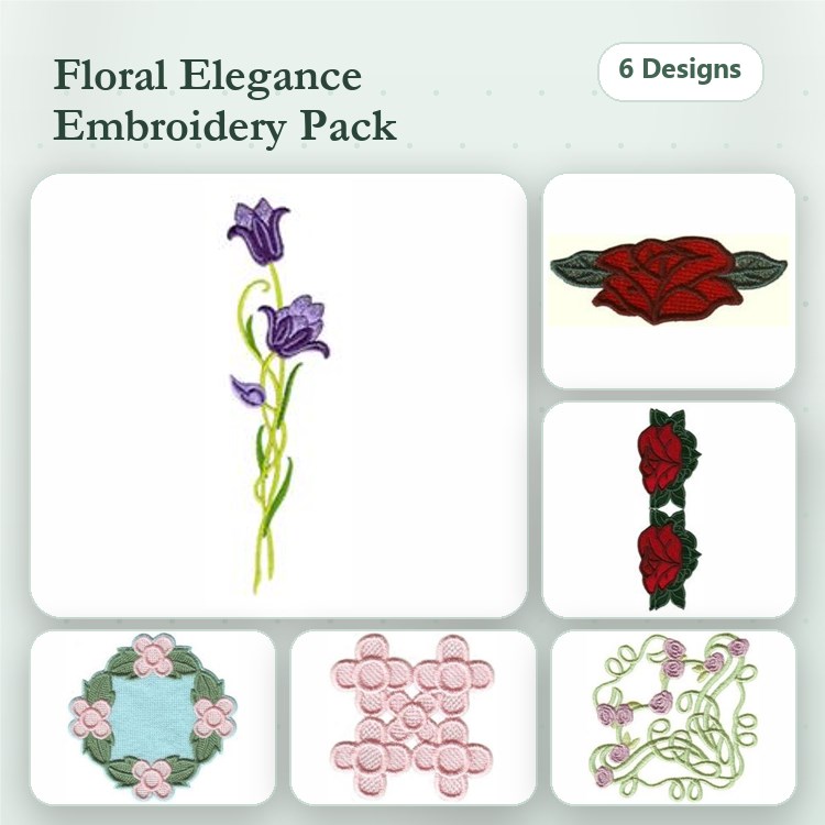 Floral Embroidery Designs Bundle – Purple Iris, Red Rose, Pink Floral Motif & More (6 Designs)