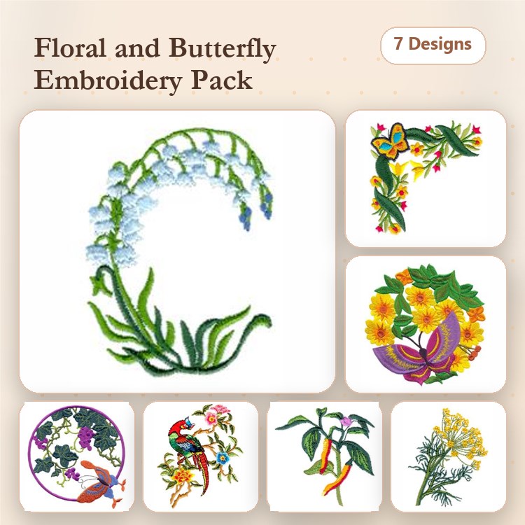Floral & Butterfly Embroidery Designs Bundle – Bluebell, Butterfly Corner, Yellow Flower Bouquet & More (7 Designs)