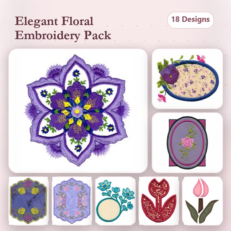 Elegant Floral Embroidery Bundle – Floral Mandala, Decorative Flower, Tulip Design & More (18 Designs)