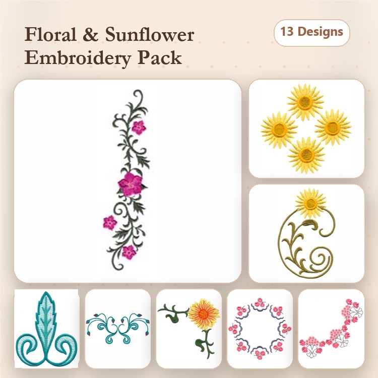 Floral & Sunflower Embroidery Bundle – Floral Vine, Sunflower Cluster, Decorative Floral Swirl & More (13 Designs)