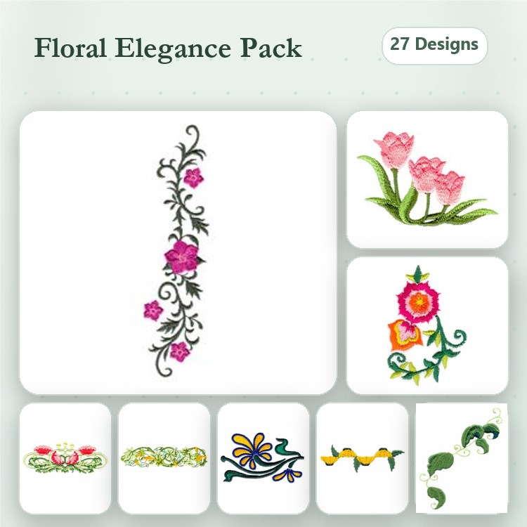 Floral Elegance Embroidery Designs Bundle – Floral Border with Pink Flowers, Tulip Bouquet, Rose Arrangement & More (27 Designs)