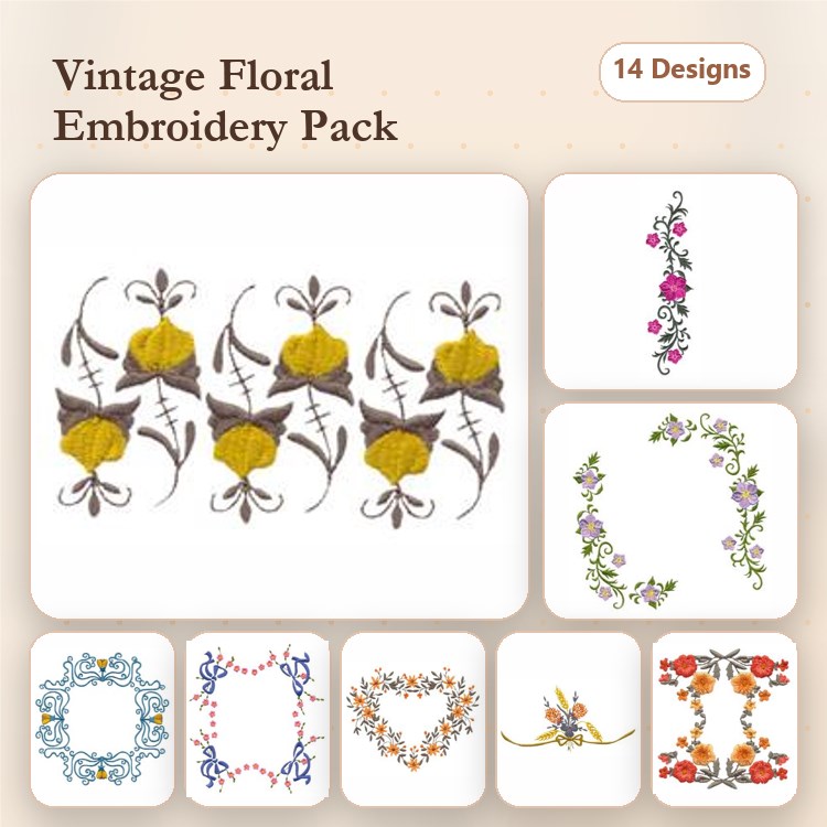 Floral Embellishments Embroidery Bundle – Vintage Floral Arrangement, Wreath, Frame & More (14 Designs)