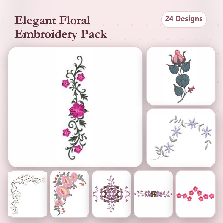 Elegant Floral Embroidery Designs Bundle – Floral Vine, Rose, Pink Flower Bouquet & More (24 Designs)