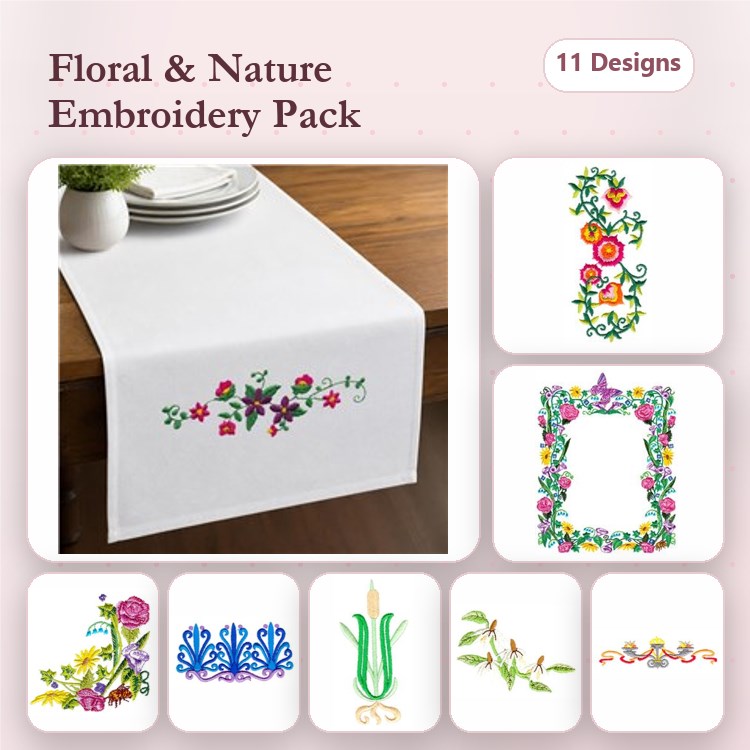 Floral and Nature Embroidery Bundle – Floral Table Runner, Colorful Floral Motif, Flower Frame & More (11 Designs)