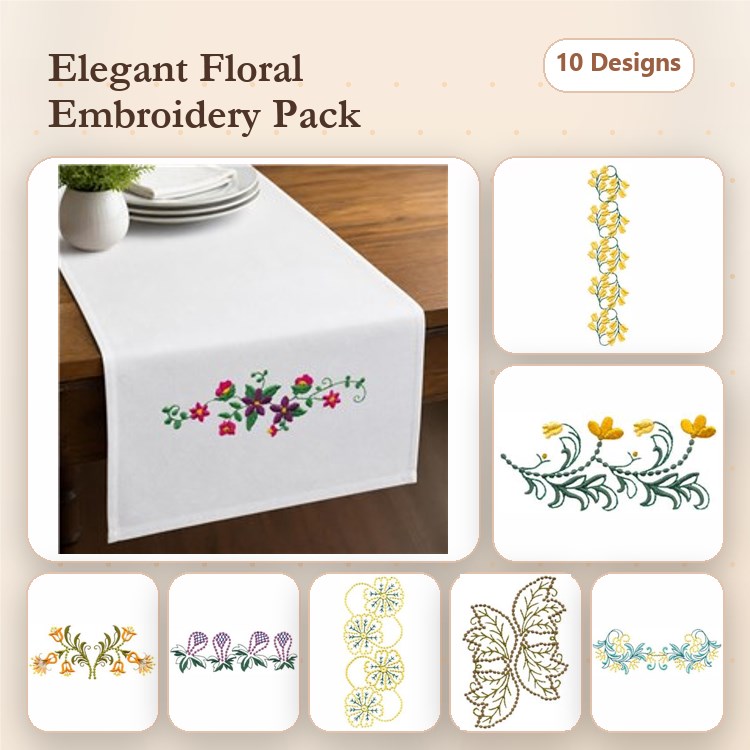 Floral Embroidery Bundle – Floral Vine with Flowers, Butterfly, Floral Wreath & More (10 Designs)